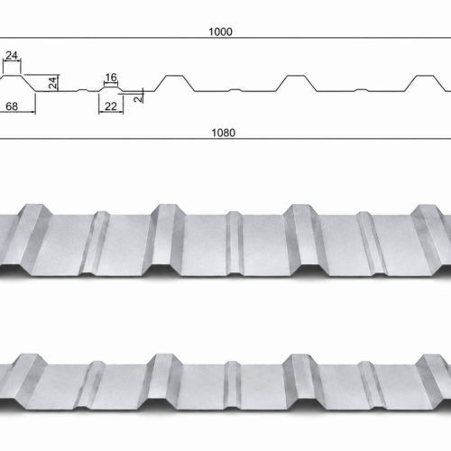 梯形1000 6P版型图+3D图 High-Speed Trapezoidal Roofing Sheet Roll Forming Machine with Pre-Cutting System